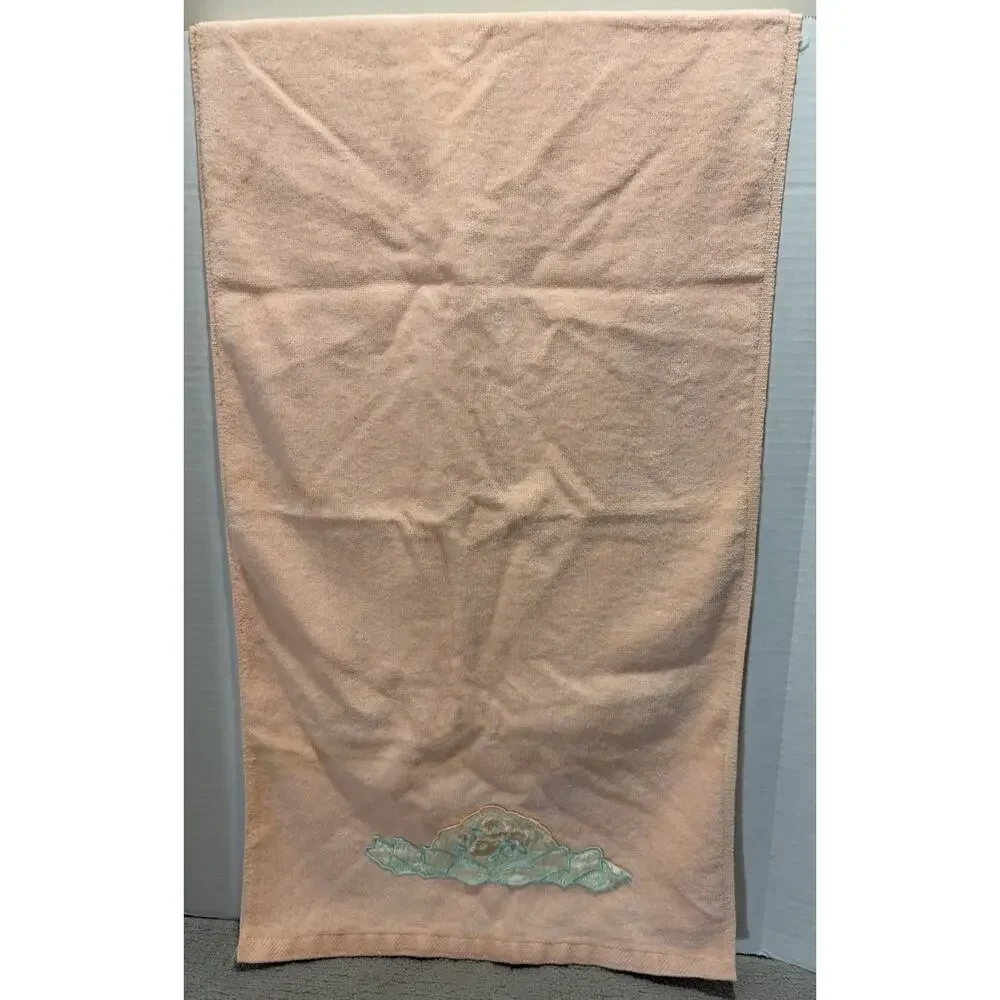 Towel Hand & Bath Set of 2 Peach Floral Embroidered Applique Saturday Knight